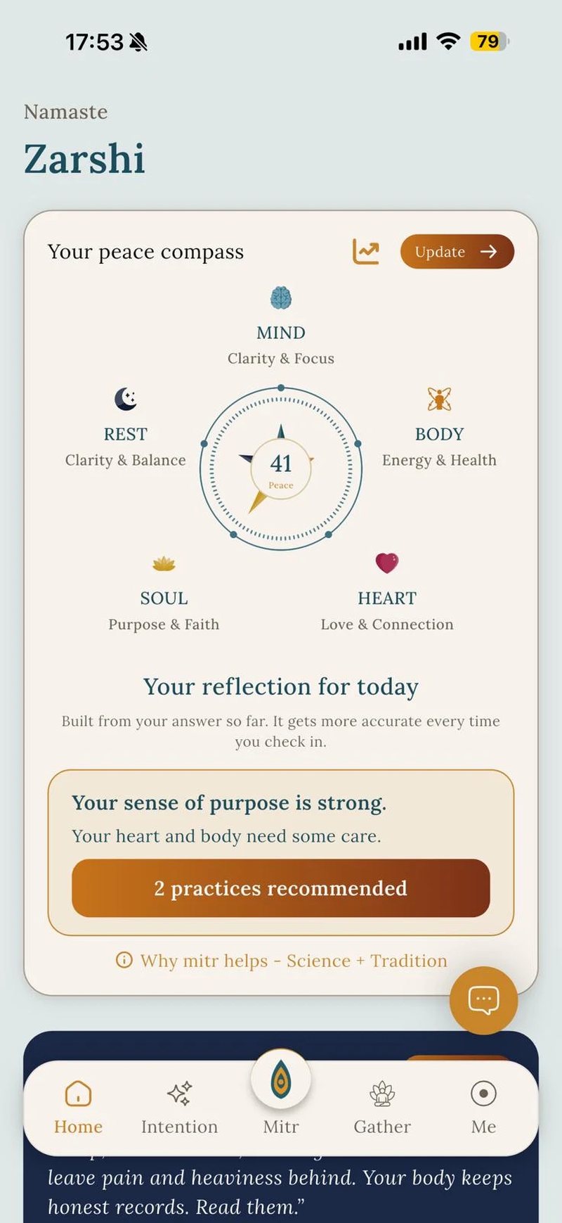 mitr home screen showing the peace compass across mind, body, heart, soul and rest